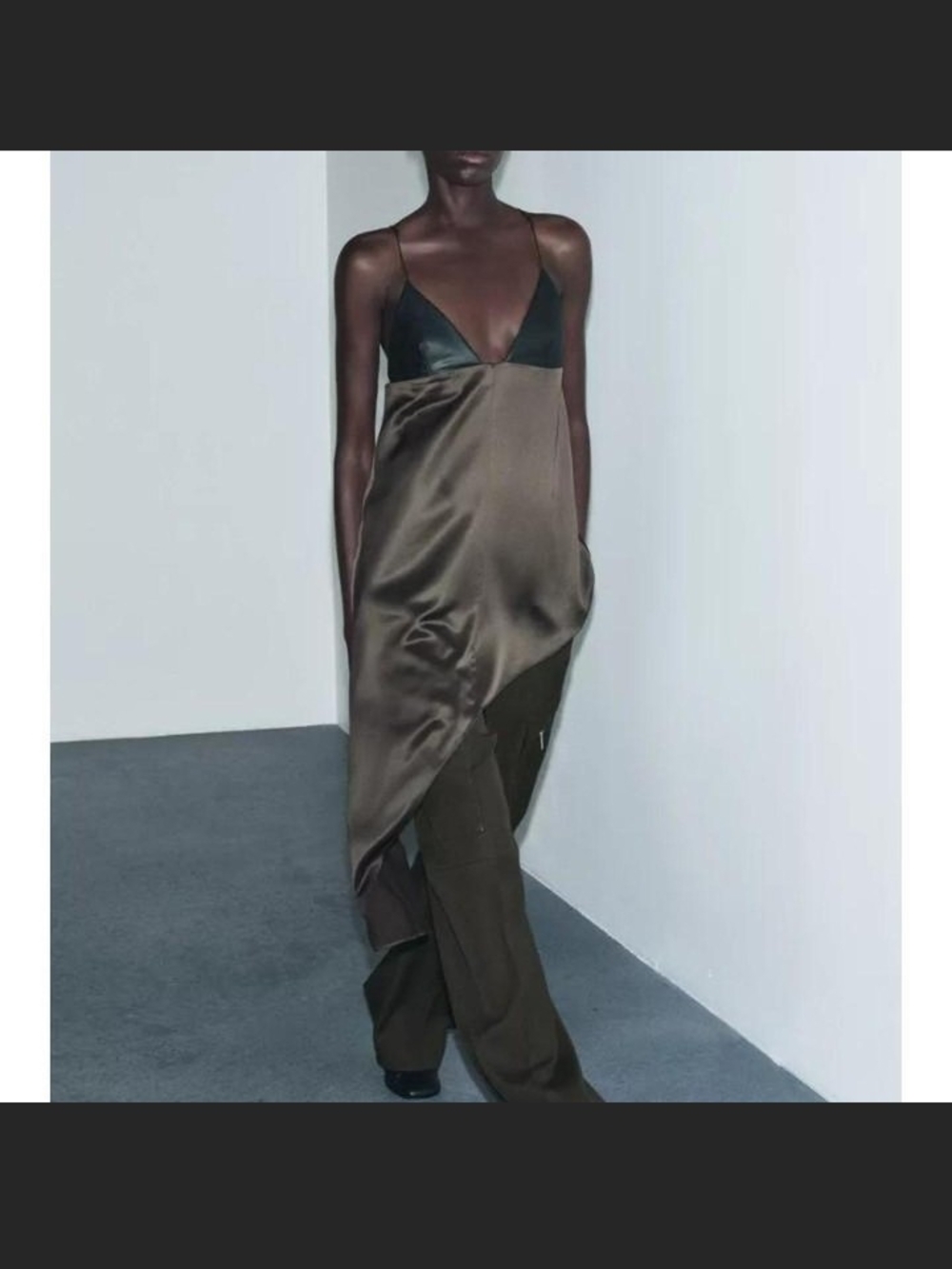 Zara Satin Top Olive Brown and Black